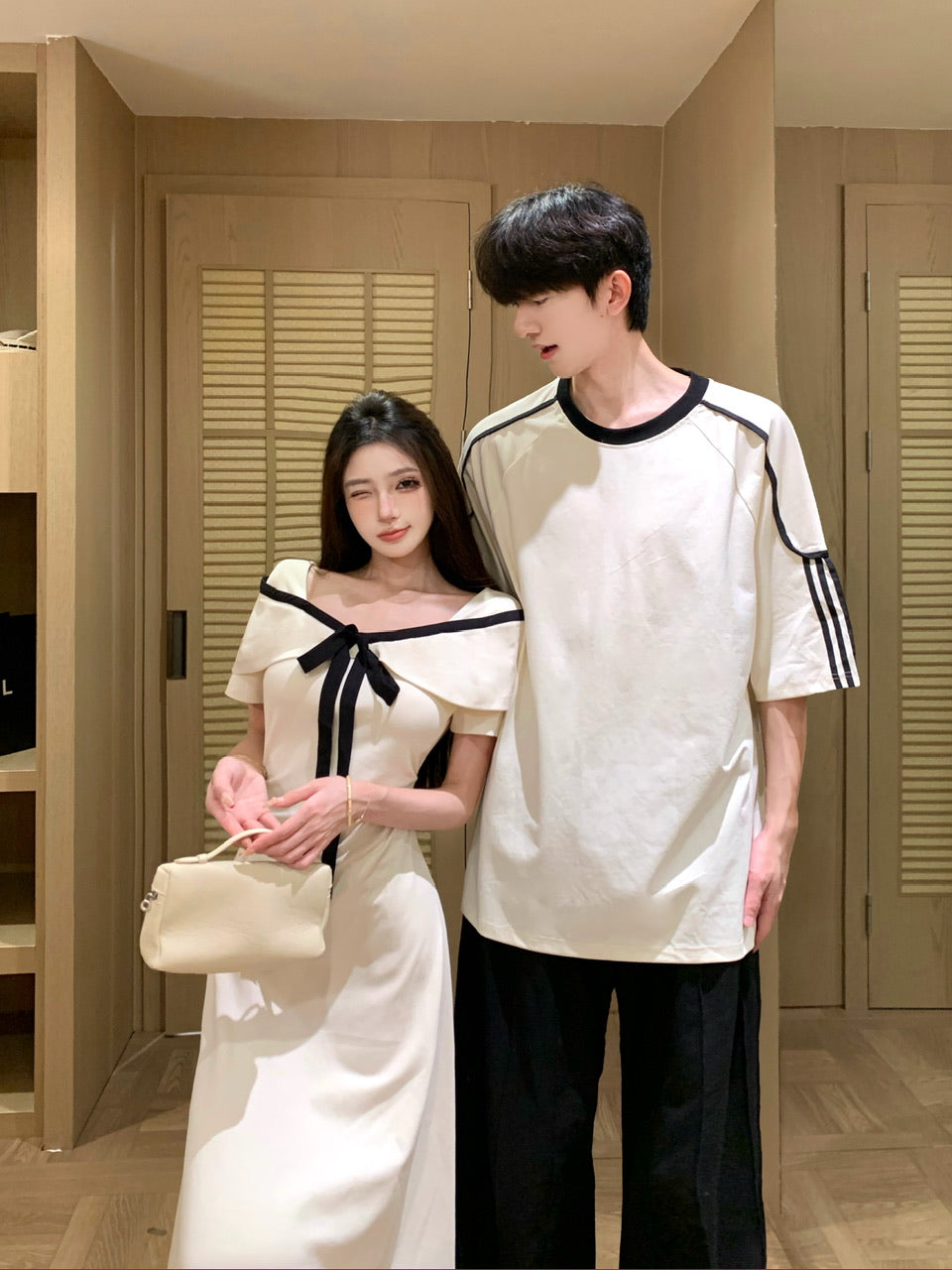 💕法式氣質杏色蝴蝶結收腰長裙情侶裝