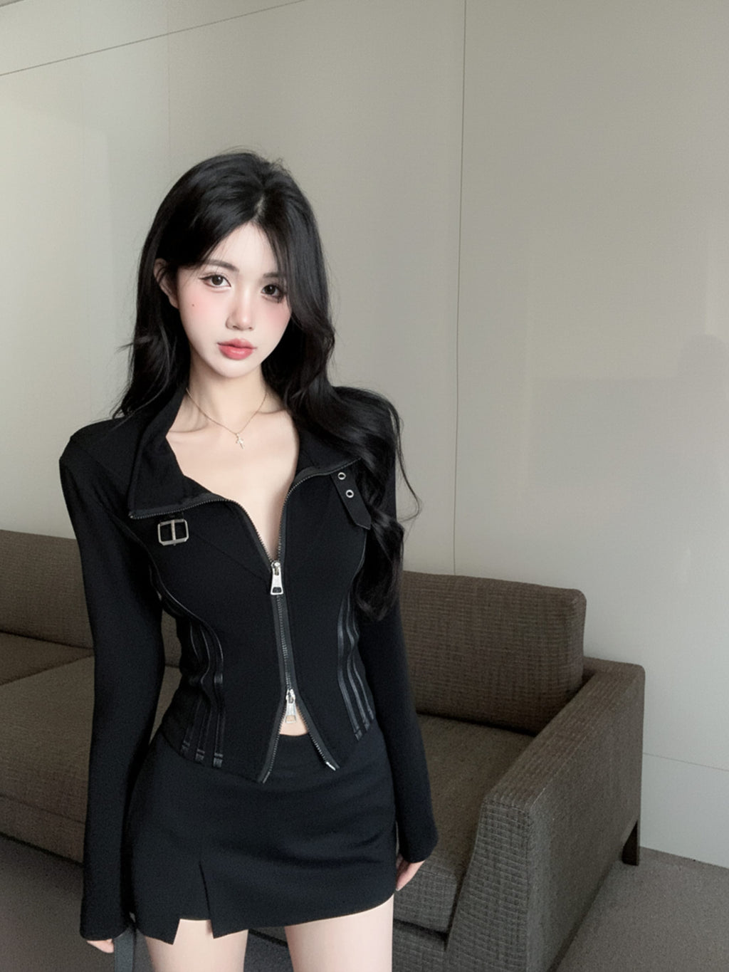 💕甜酷颯設計長袖翻領雙拉鍊顯瘦外套