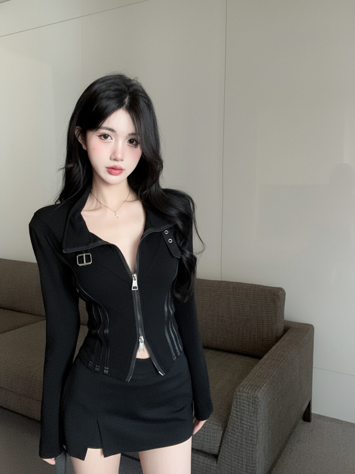 💕甜酷颯設計長袖翻領雙拉鍊顯瘦外套