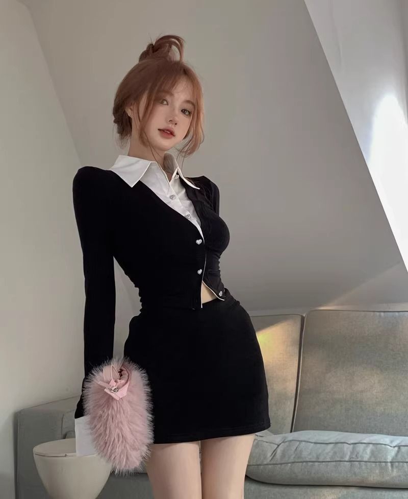 💕純御辣妹修身短款黑色假兩件長袖襯衫