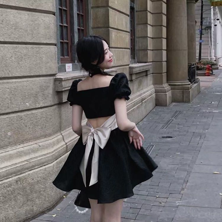 💕方領法式花邊露背蝴蝶結小個子澎澎短裙