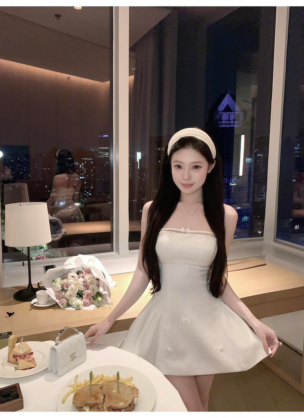 💕簡約氣質名媛緞面抹胸蝴蝶結連身裙