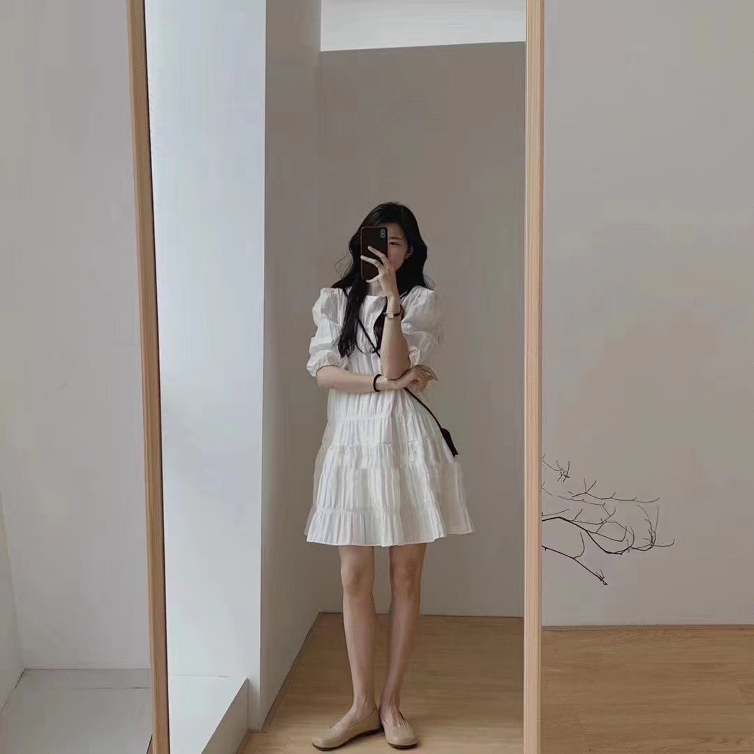 💕慵懶氣質小眾褶皺泡泡袖法式連衣裙
