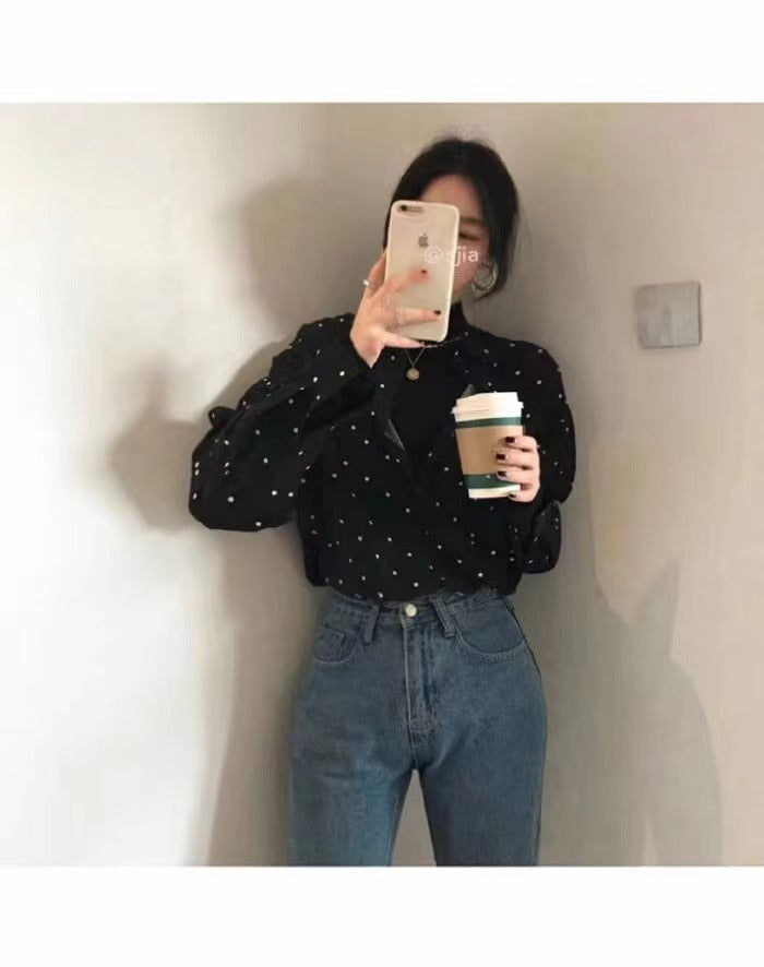 💕法式chic復古翻領撞色點點寬鬆襯衫