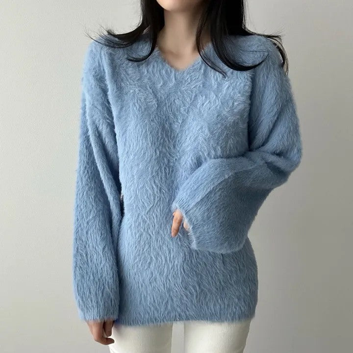 💕秋冬新款毛茸茸V領百搭毛衣上衣
