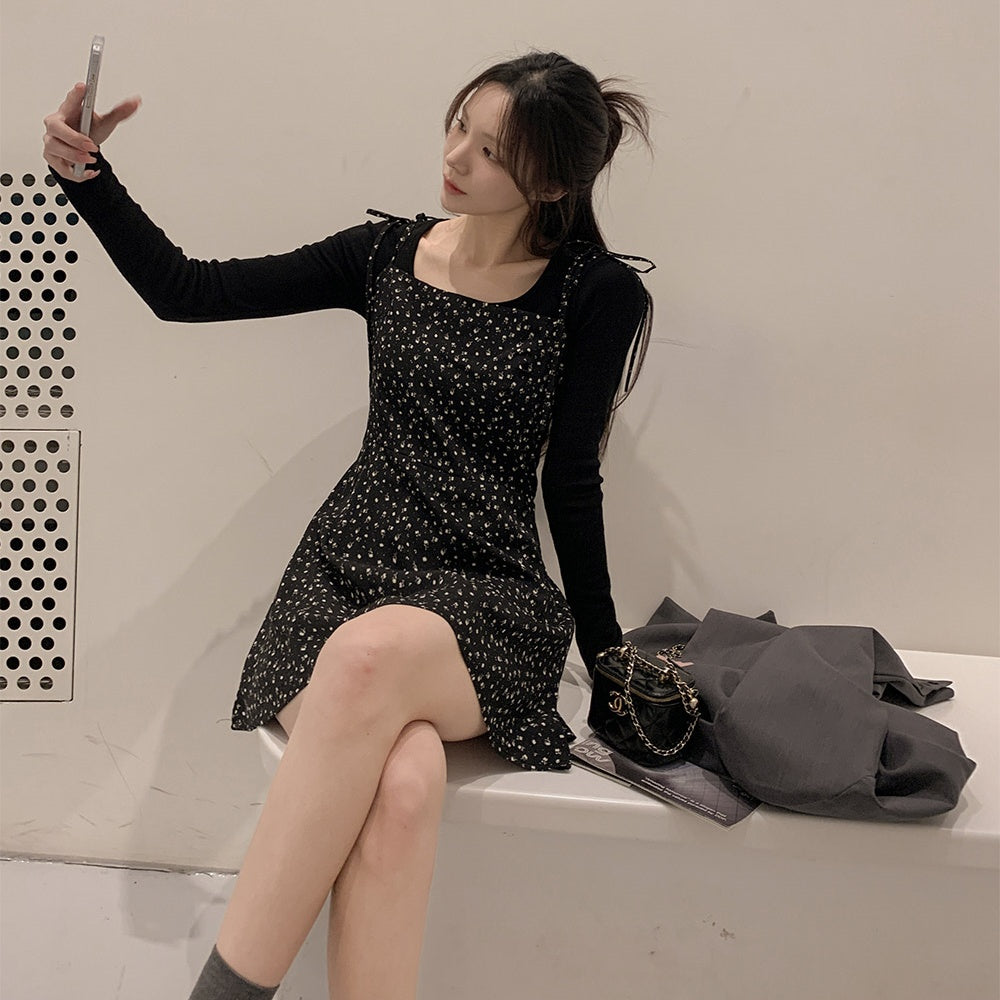 💕韓系氣質甜美休閒百搭碎花系帶小個子連衣吊帶裙