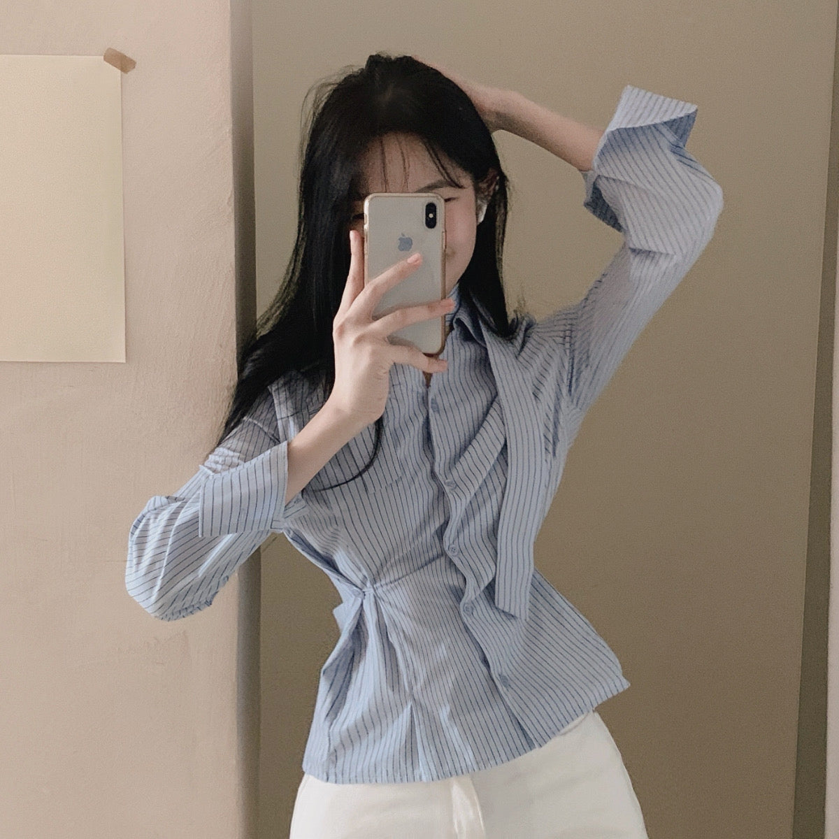 💕韓系小眾V領飄帶收腰百搭條紋上衣