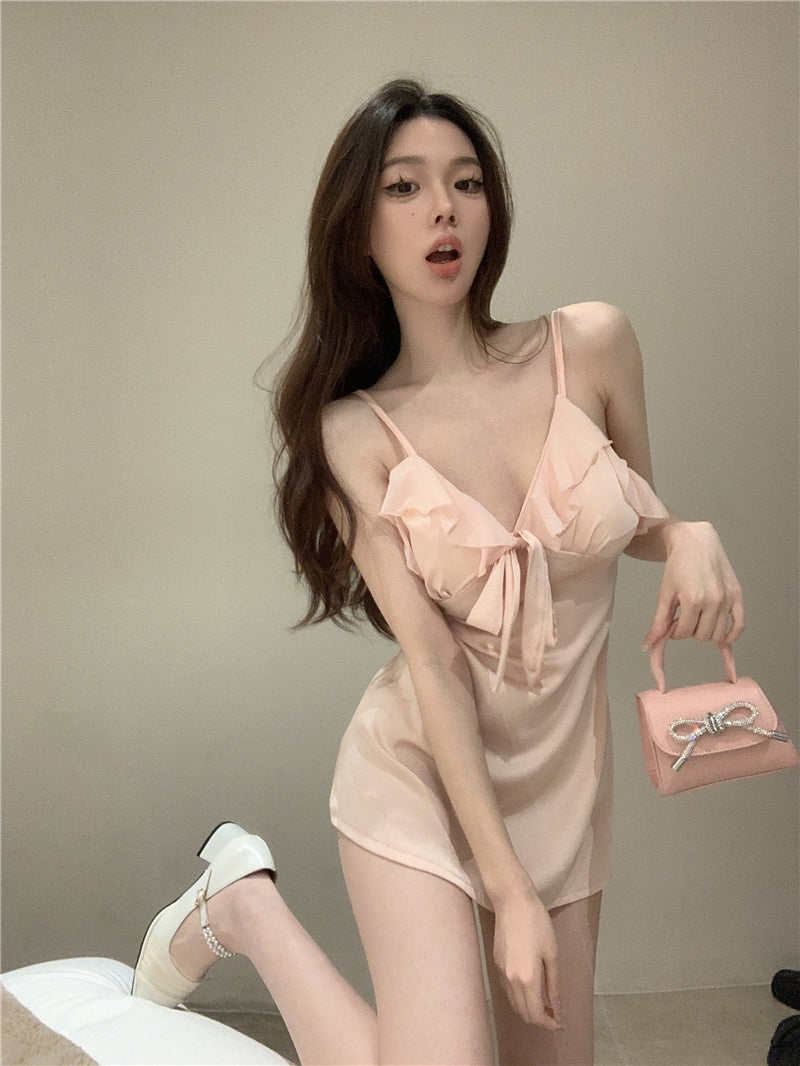 💕夜晚戰袍性感V領吊帶背心蝴蝶結睡衣裙