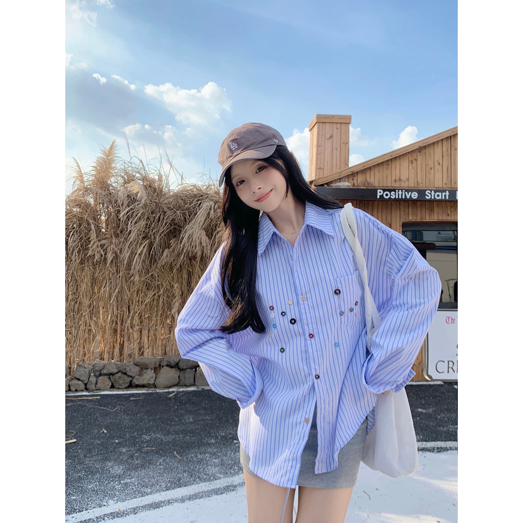 💕青春寬鬆百搭別緻彩色鈕扣條紋襯衫