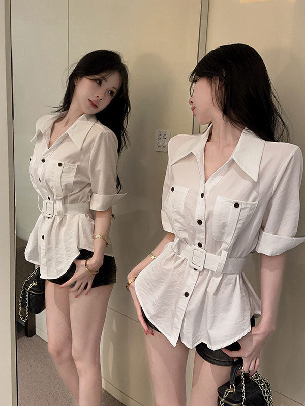 💕港風時尚polo領多口袋七分袖襯衫+腰帶