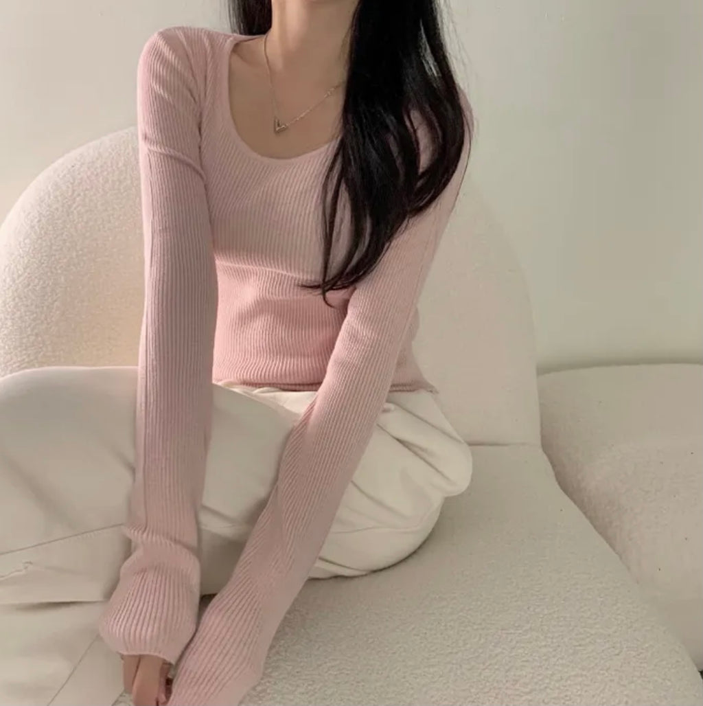 💕韓系chic長袖修身親膚針織打底百搭顯瘦上衣