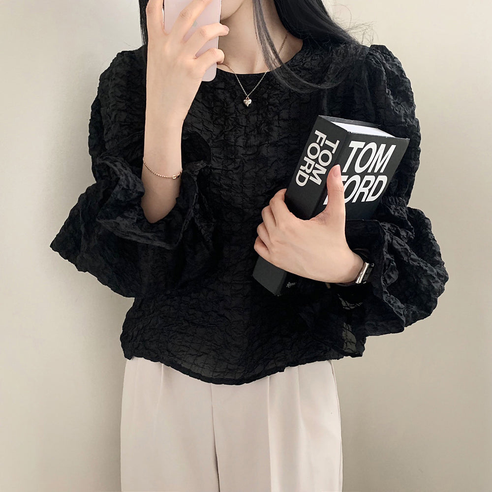 💕溫柔chic韓系泡泡皺褶圓領燈籠袖襯衫