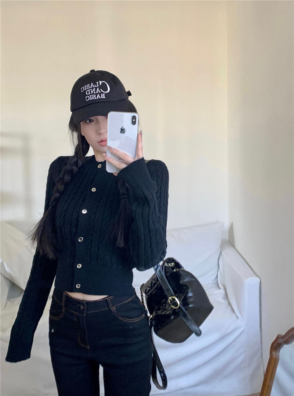 💕簡約休閒黑色短款麻花針織長袖上衣