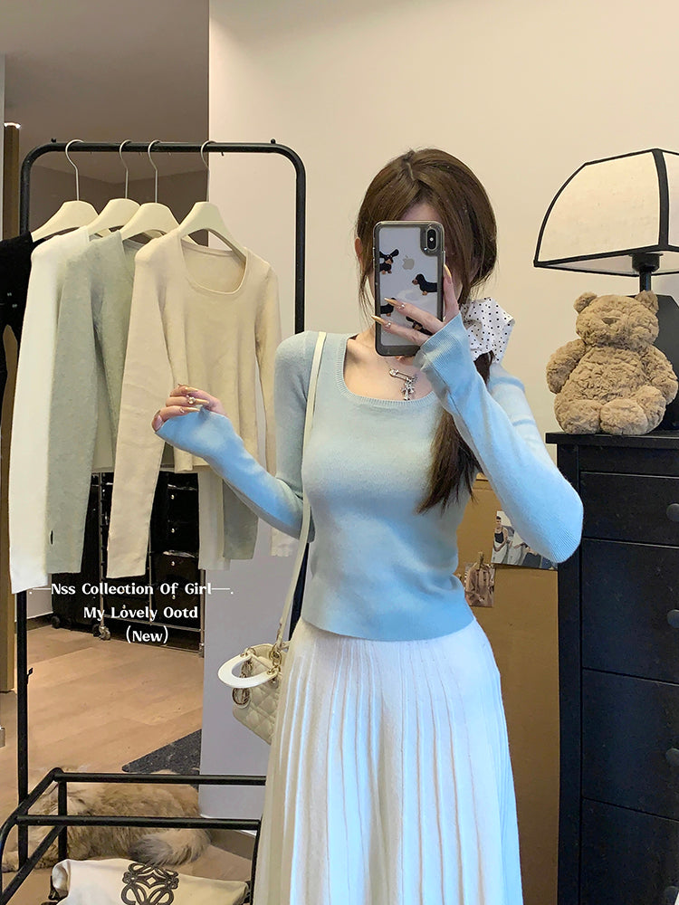 💕chic高級感簡約方領素色百搭長袖上衣