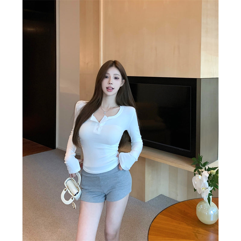 💕秋冬辣妹半高U領修身褶皺短磨毛內搭打底上衣