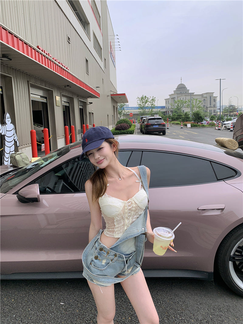💕活潑俏皮百搭牛仔背帶短褲