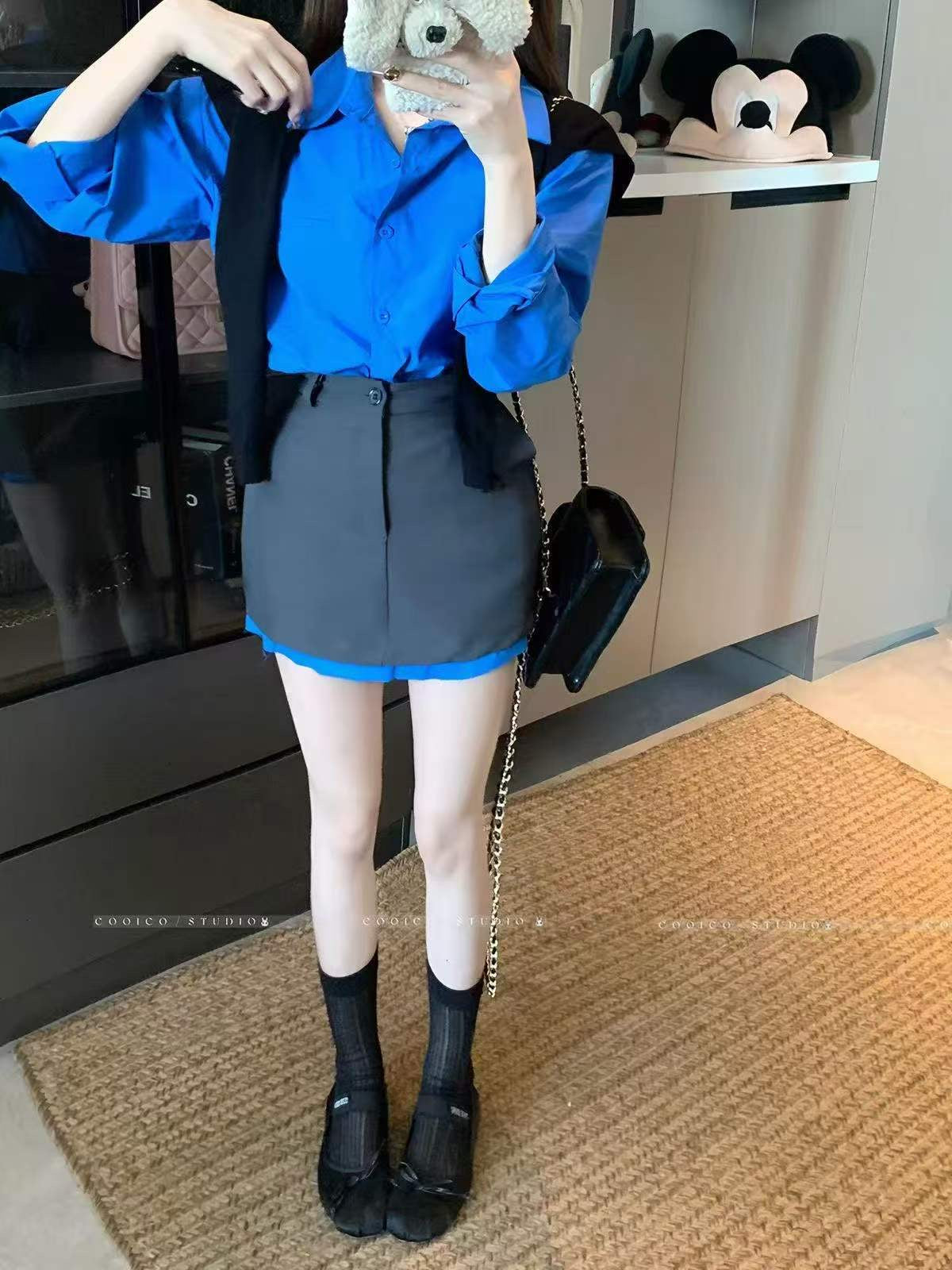 💕chic韓系藍色polo長袖襯衫三件套