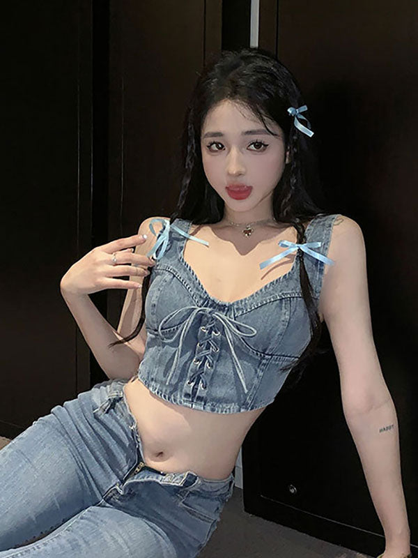 💕時尚辣妹綁帶牛仔背心