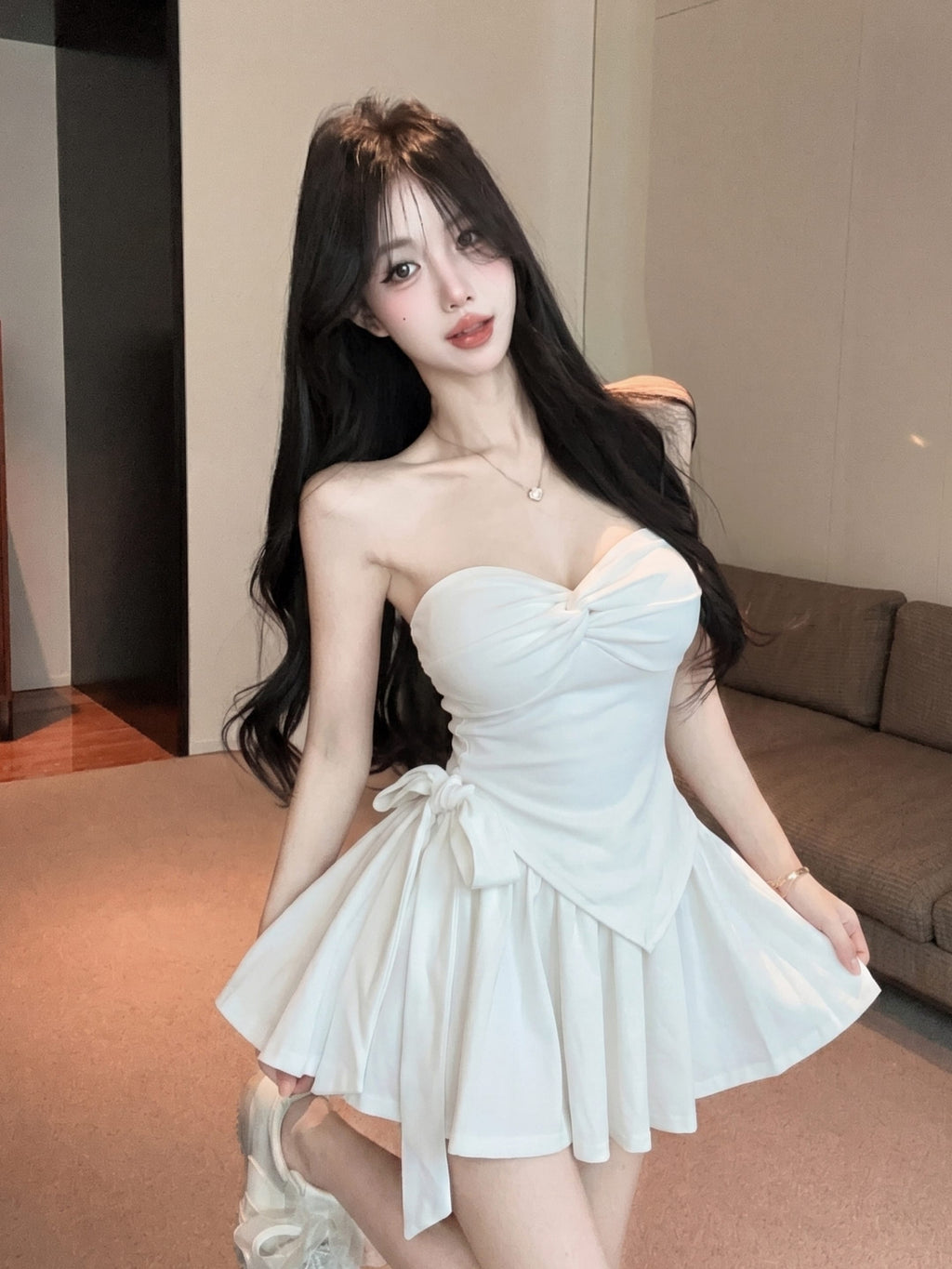 💕氣質帶胸墊不規則下擺系帶扭結兩件套