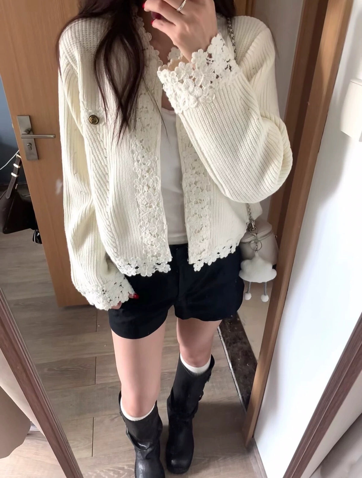 💕法式蕾絲花邊白色小香風三件套