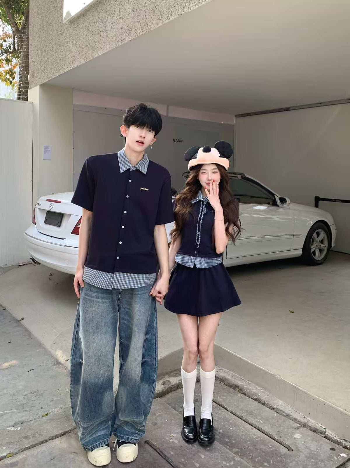 💕韓系學院風假兩件拼接翻領格子襯衫情侶裝