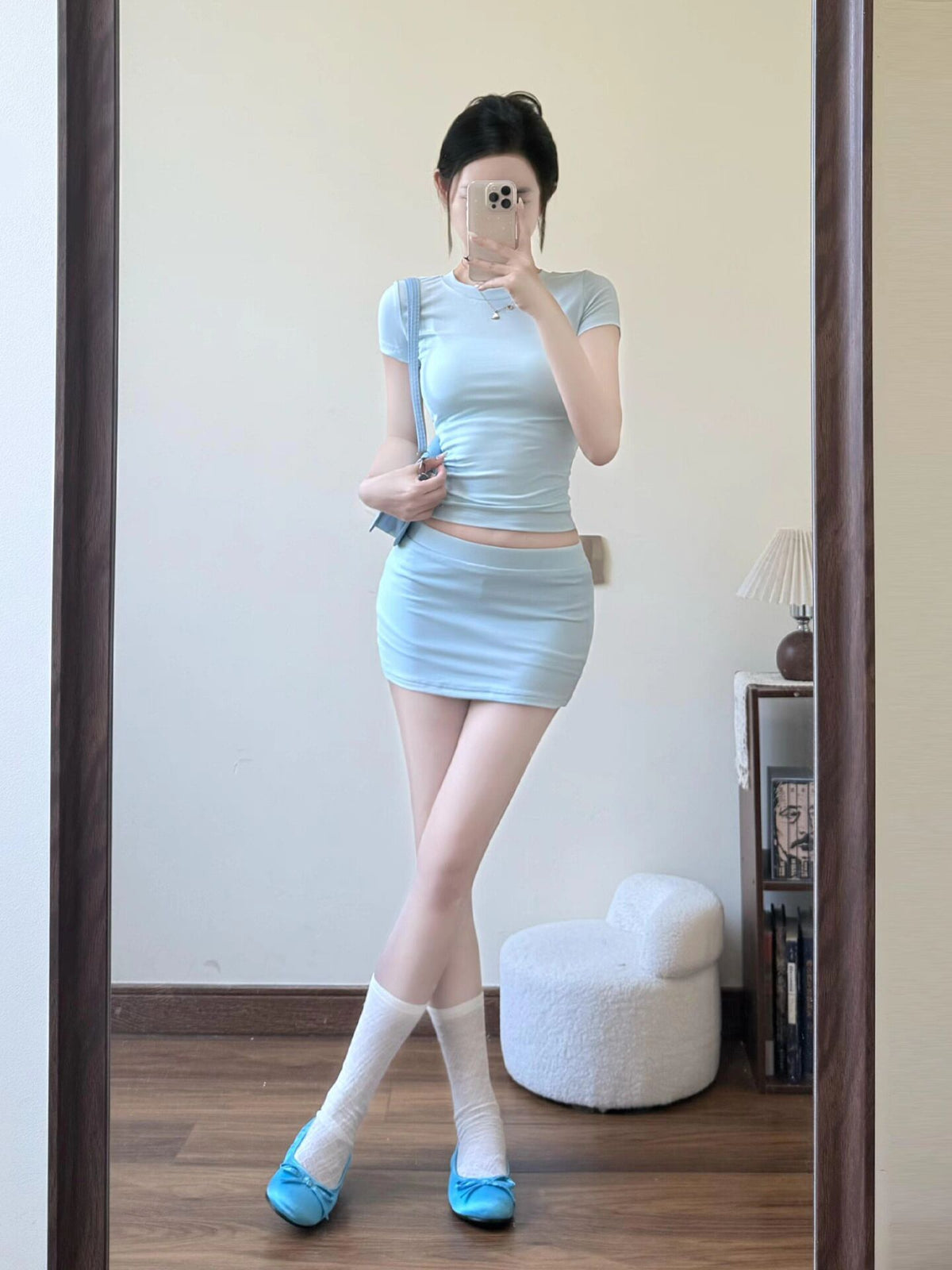 💕蘇打汽水淺藍純御T袖+包臀短裙兩件套
