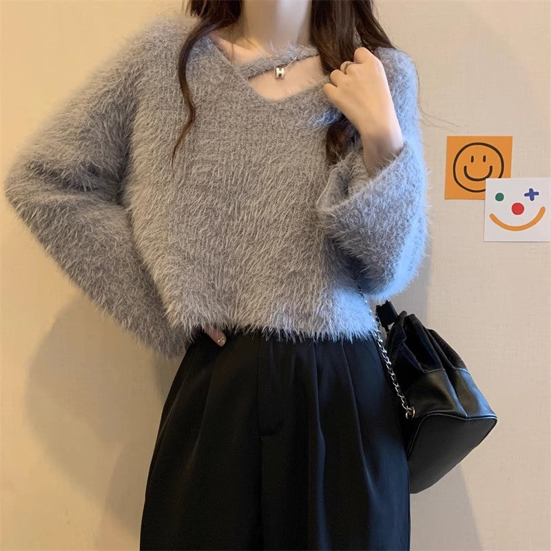 💕秋冬慵懶軟糯水貂毛短款上衣
