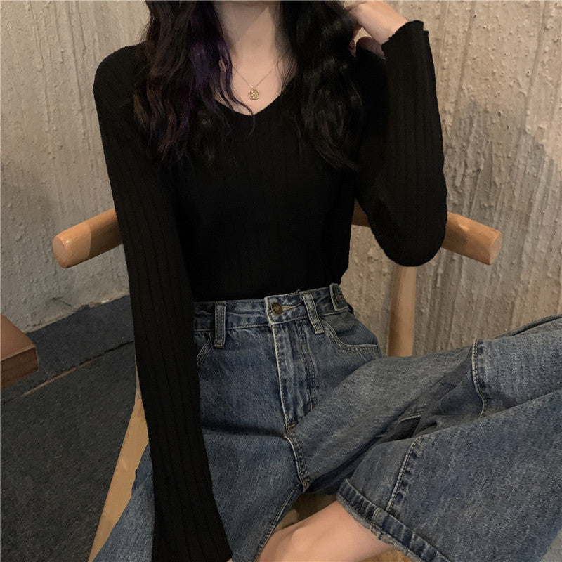 💕簡約百搭通勤V領針織打底修身顯瘦上衣