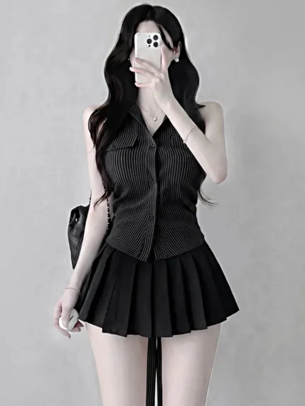 💕韓系鈕扣豎條紋翻領修身顯瘦無袖襯衫