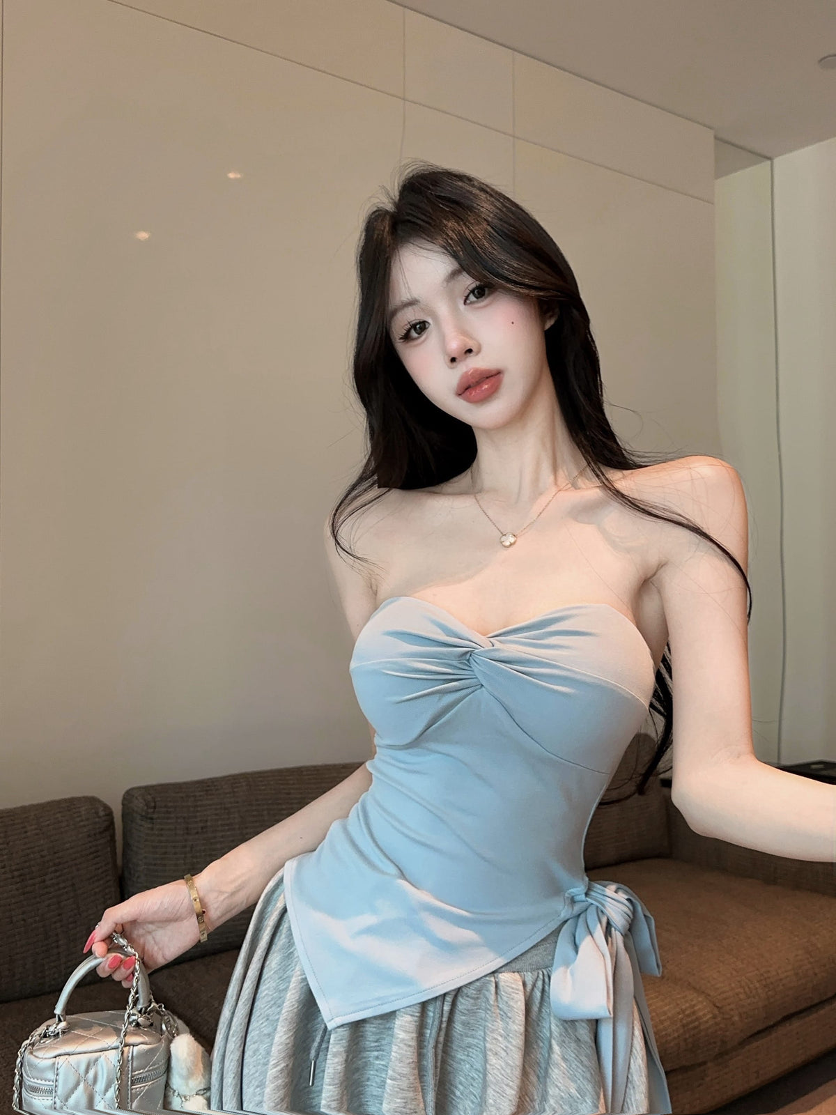 💕氣質帶胸墊不規則下擺系帶扭結兩件套