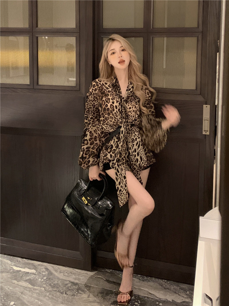 💕chic鬆弛感豹紋系帶寬鬆垂感長袖襯衫