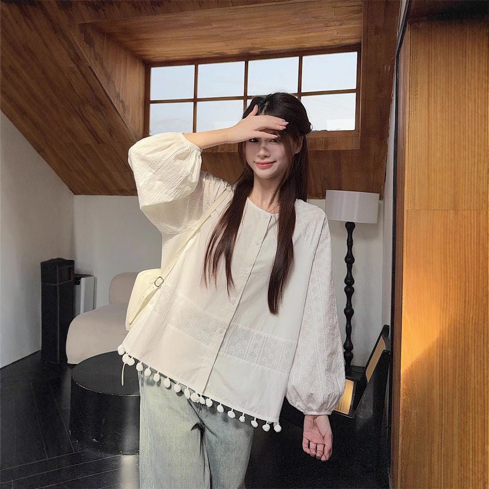 💕甜美溫柔圓領花邊娃娃衫上衣