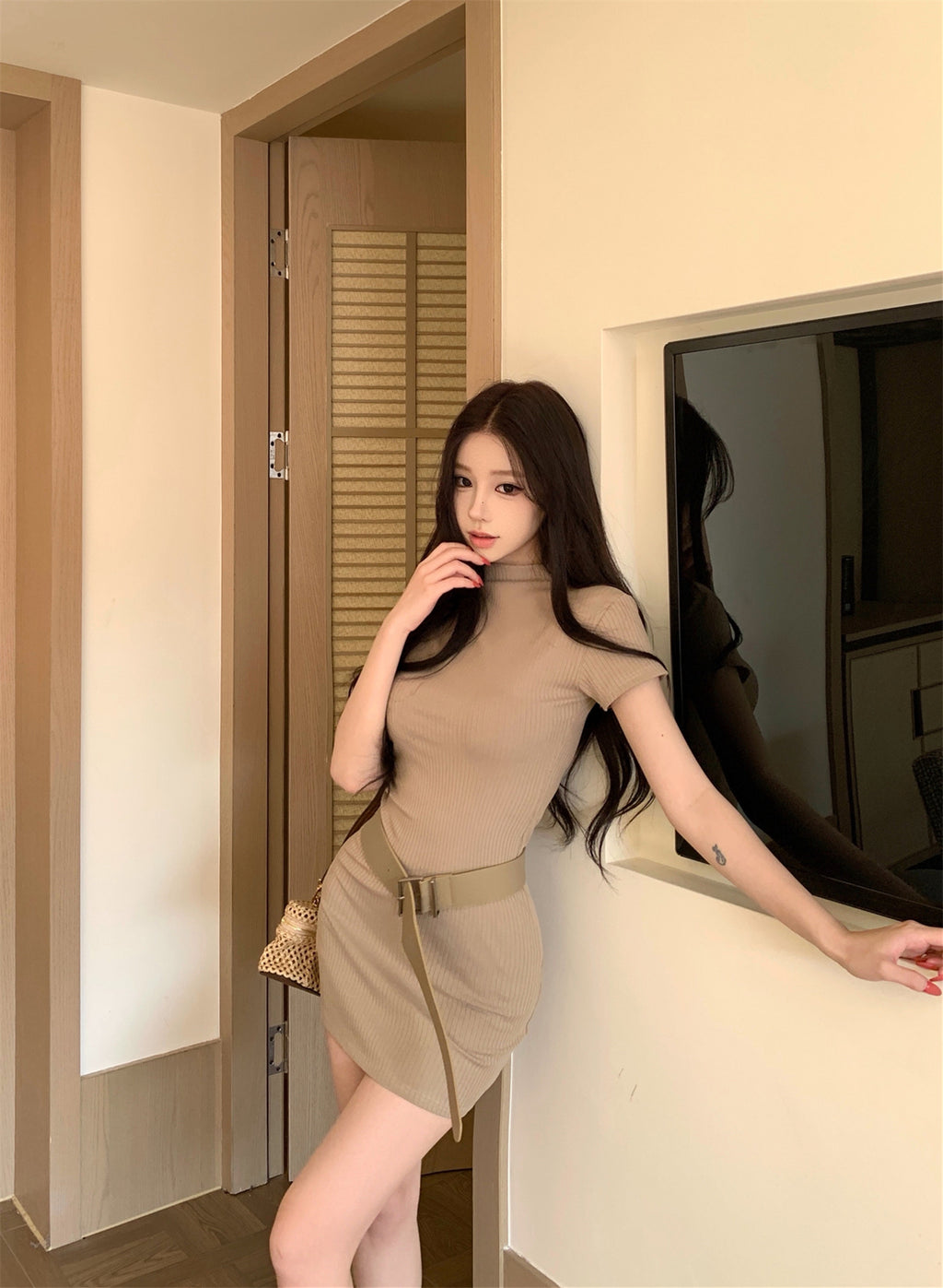 💕韓系法式高級感半高領短袖連衣裙