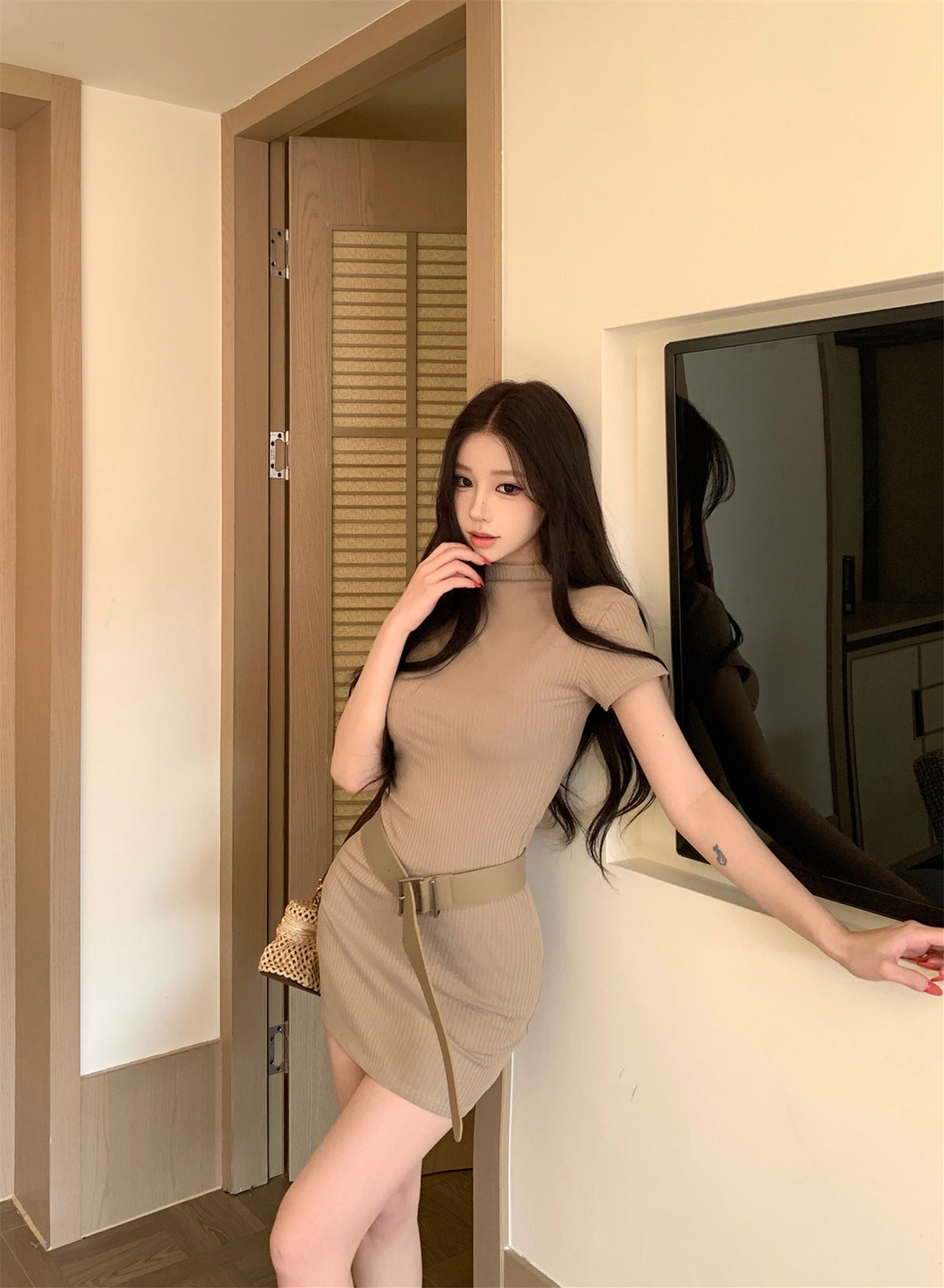 💕韓系法式高級感半高領短袖連衣裙