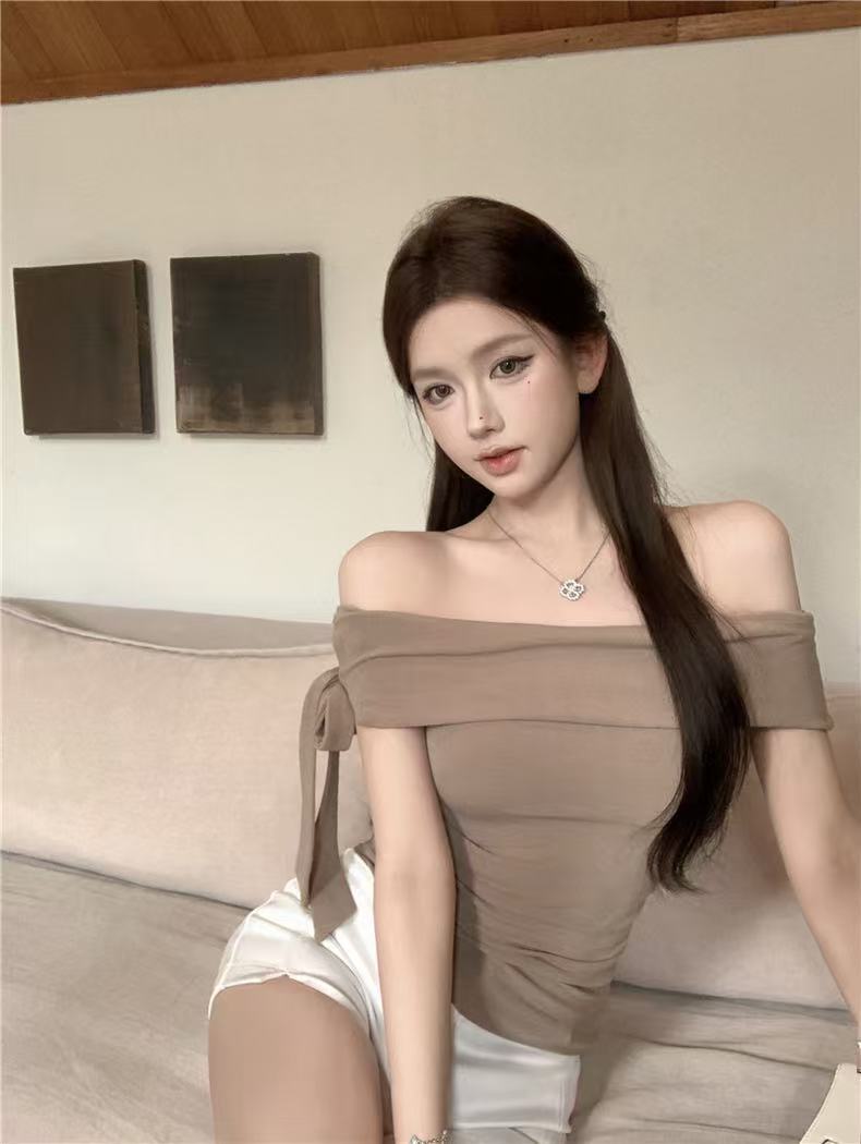 💕韓系一字肩蝴蝶結修身上衣