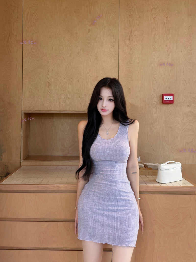 💕簡約百搭圓領吊帶收腰包臀連身裙+開衫