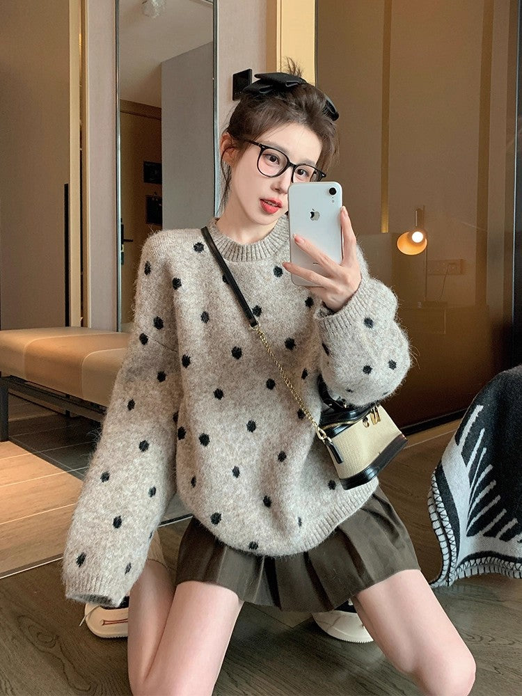 💕chic韓系點點秋冬加厚寬鬆休閒圓領上衣