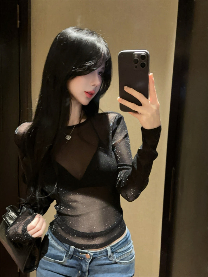 💕韓系高級感細閃網紗微透性感內搭打底衫上衣