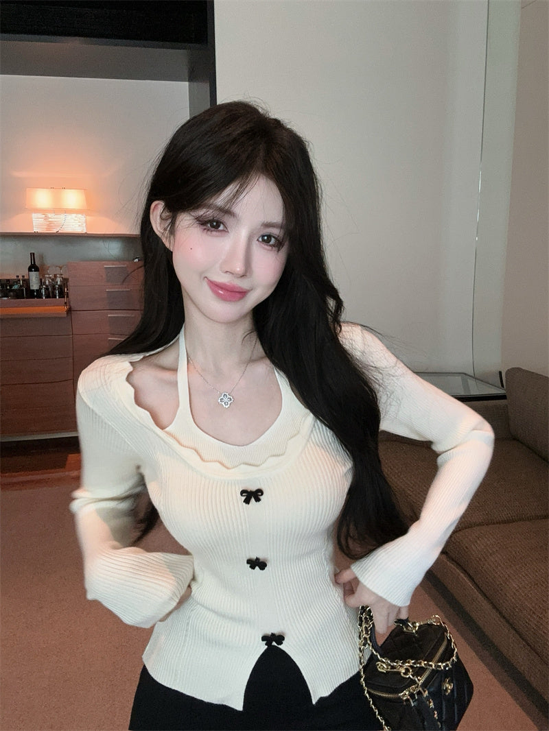 💕別緻掛脖假兩件針織修身上衣