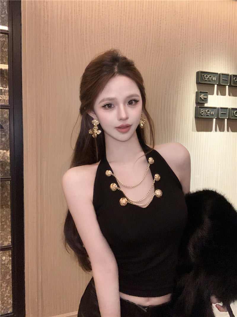 💕V領掛脖吊帶短版絕美上衣