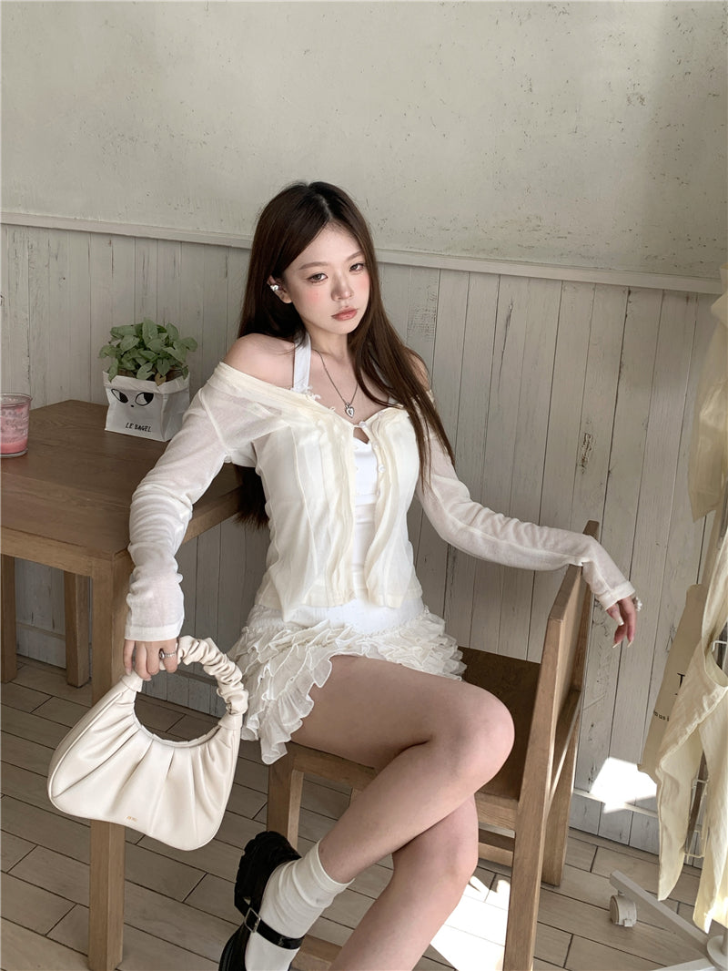 💕氧氣感貴氣羊毛長袖掛脖吊帶背心兩件套