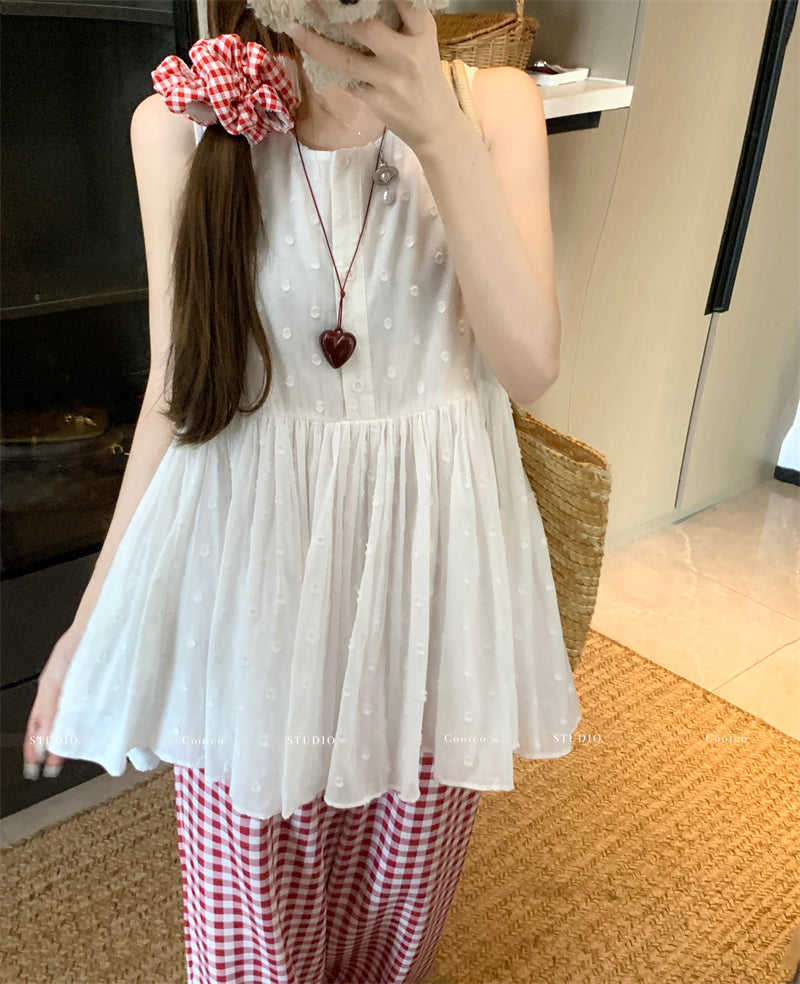💕溫柔無袖印花蓬蓬背心襯衫
