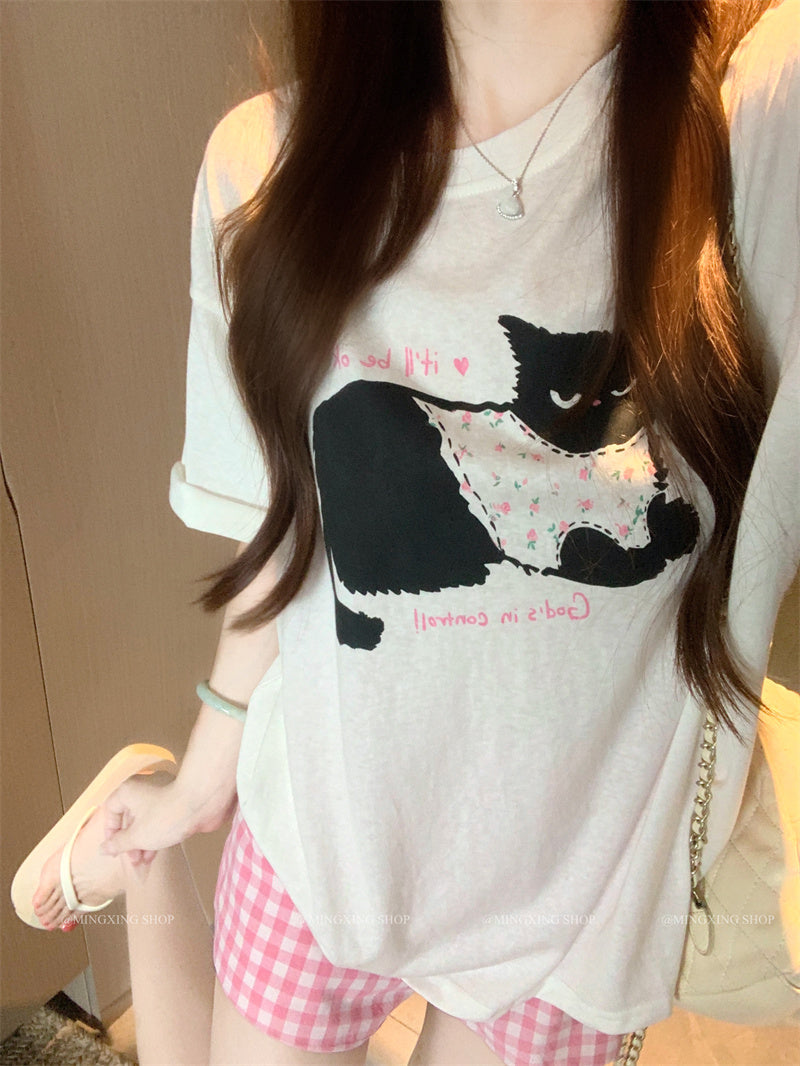 💕居家貓咪印花圓領T+格子短褲兩件套