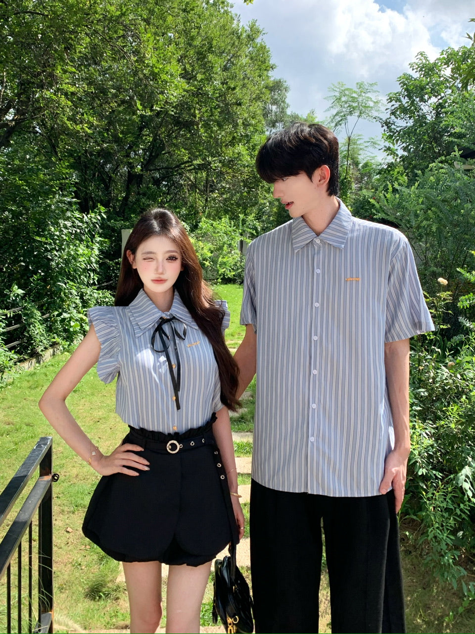 💕韓系藍色條紋小飛袖襯衫花苞短褲情侶套裝