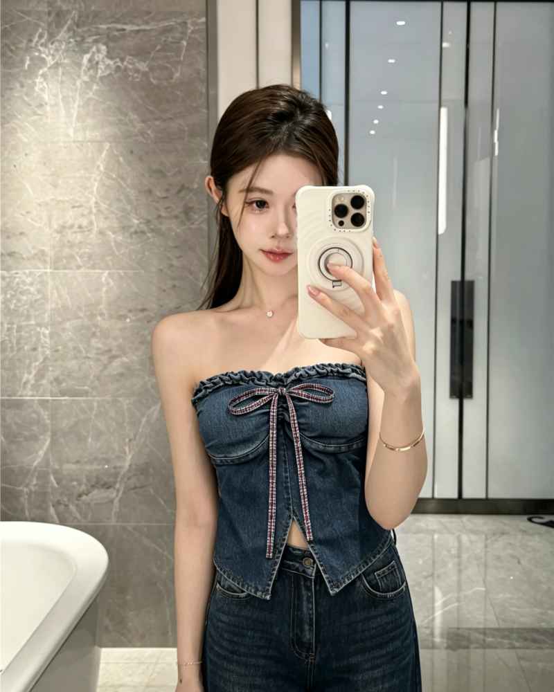 💕不規則蝴蝶結牛仔一字肩抹胸上衣