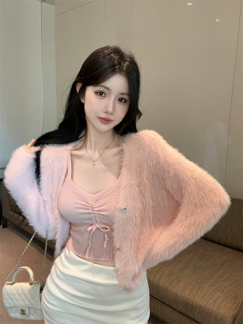 💕法式仿貂毛V領針織吊帶兩件套