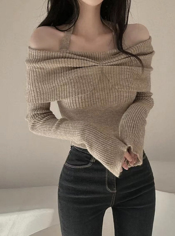 💕秋冬露肩掛脖喇叭袖針織毛衣