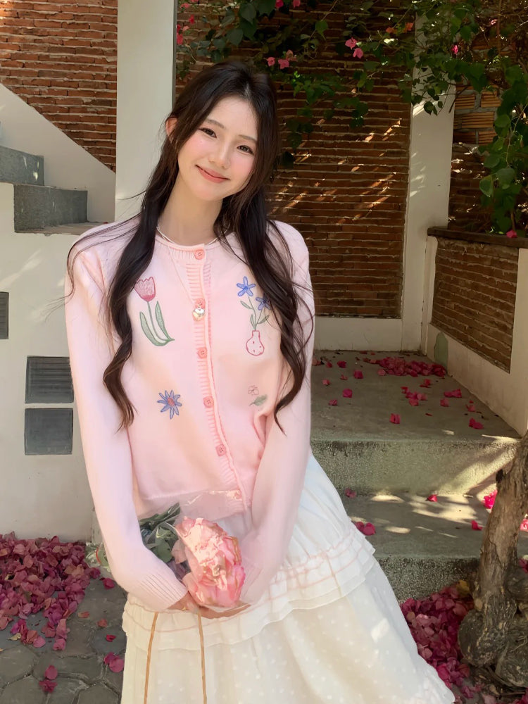 💕慵懶甜美粉色刺繡小花翻領針織開衫