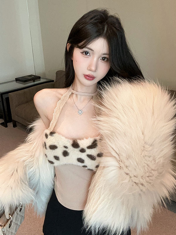 💕蕾絲掛脖拼接毛絨絨短款背心