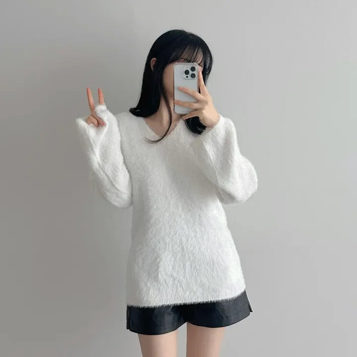 💕秋冬新款毛茸茸V領百搭毛衣上衣